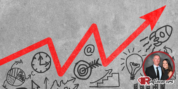 Red arrow going up from the bottom left corner to the top right. Seth and Ashley’s headshot in the bottom right