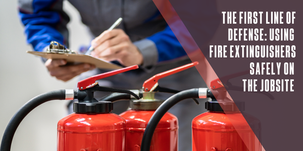 Three fire extinguishers lined up in the foreground, blurry in the background is a person with clipboard checking them
