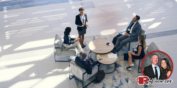 Image of a business people meeting in a circle, Ashley and Seth’s headshot in the bottom right corner
