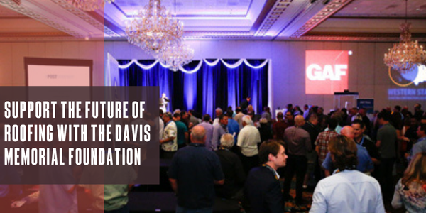 Image of a crowd at a Davis Memorial event, overlayed is the title "Support the future of roofing with the Davis Memorial Fou