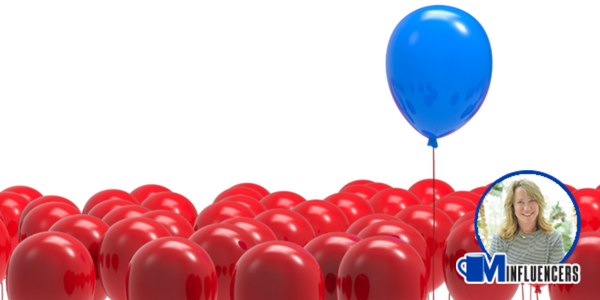 image of a blue balloon rising above red balloons, Renee Ramey