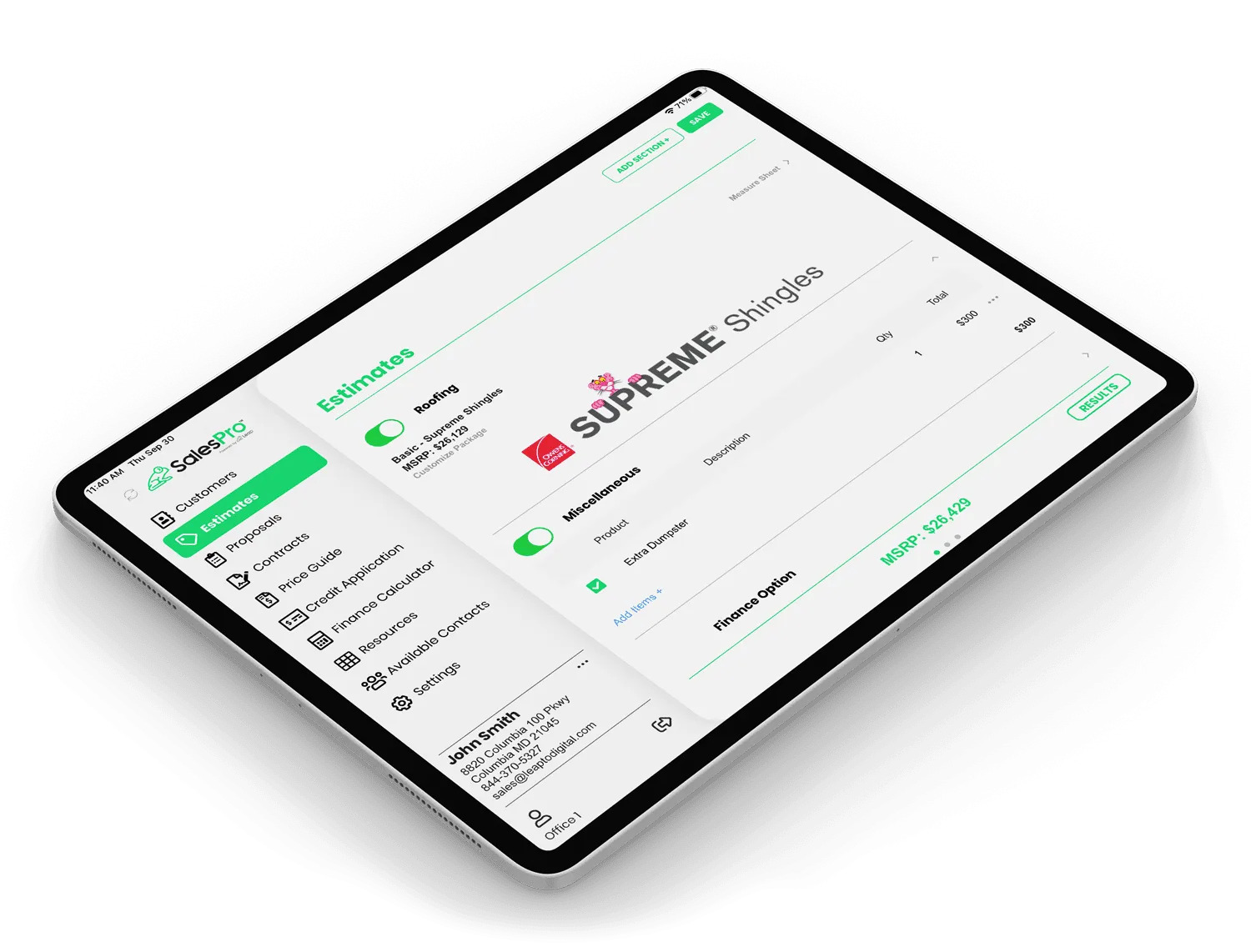 Leap - Sales Pro - Sales Tool Features Screen