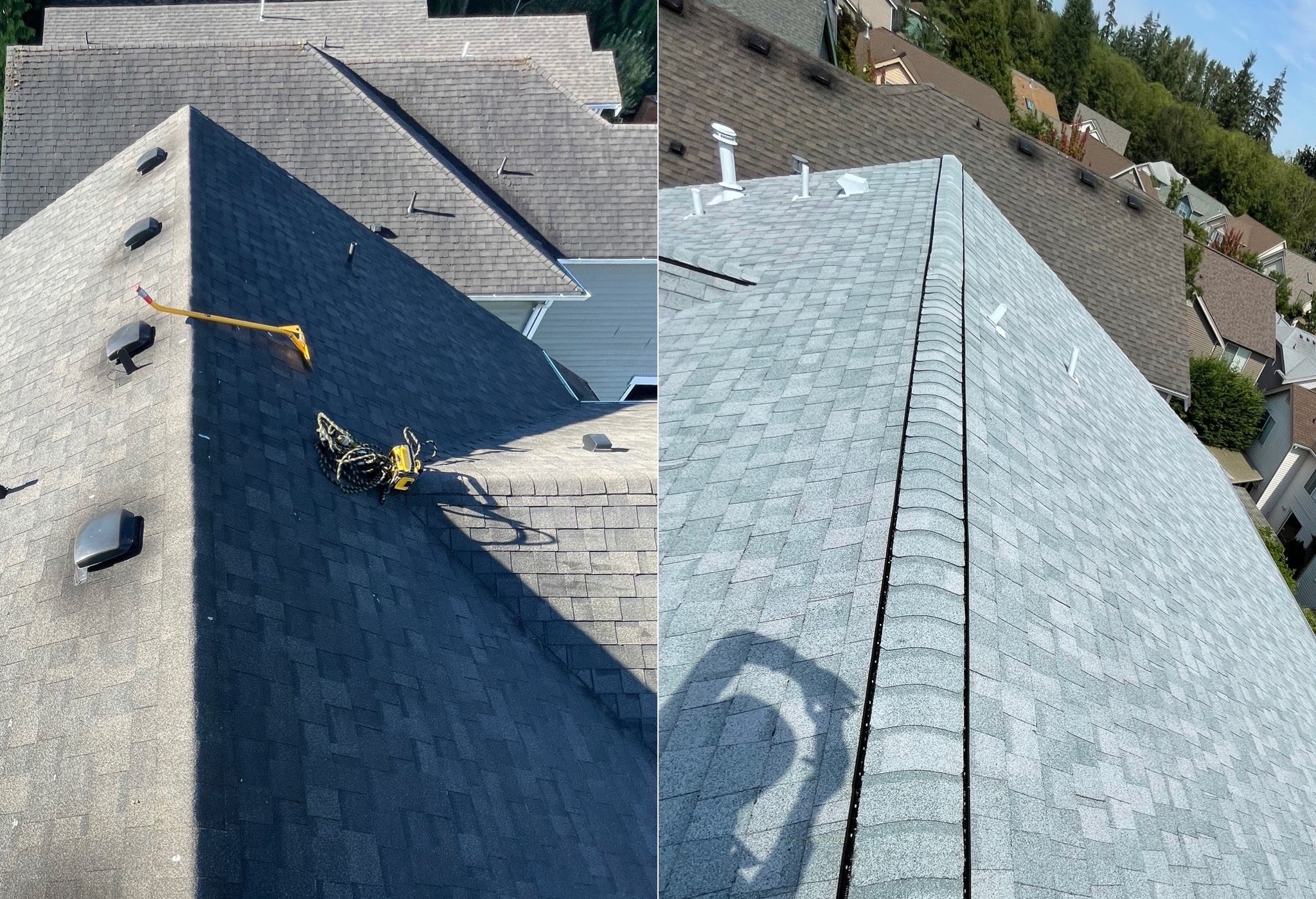 Before and after of a shingle replacement